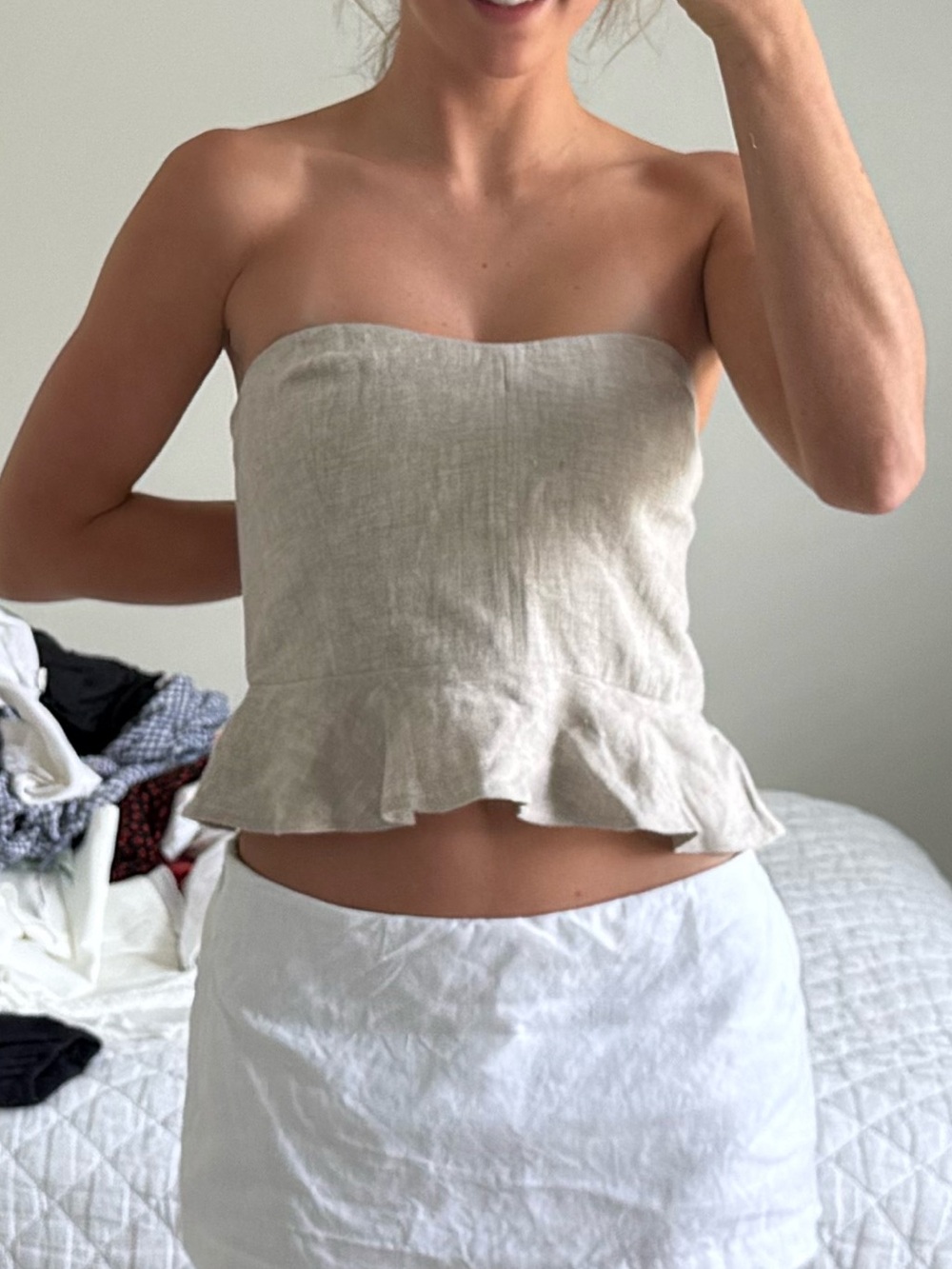 J. Crew Beige Strapless Peplum Linen Top